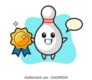 bowling pin mascot illustration holding a golden badge , cute style design for t shirt, sticker, logo element