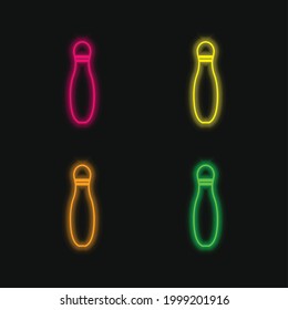 Bowling Pin Outline four color glowing neon vector icon