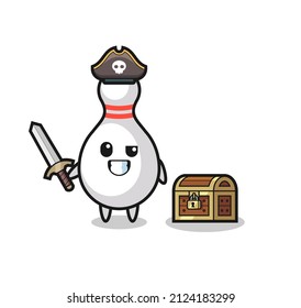 the bowling pin pirate character holding sword beside a treasure box , cute style design for t shirt, sticker, logo element