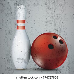 Bowling pin with red ball on the concrete. Eps 10 vector file.