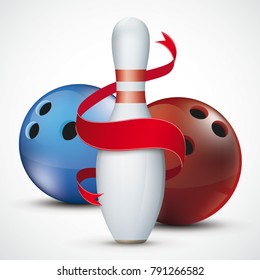 Bowling pin with red ribbon and 2 balls on the white background. Eps 10 vector file.