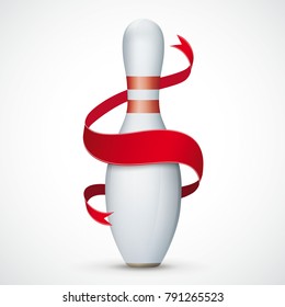 Bowling pin with red ribbon on the white background. Eps 10 vector file.