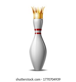 Bowlingstift mit königlicher Krone einzeln auf weißem Hintergrund. Vektorgrafik