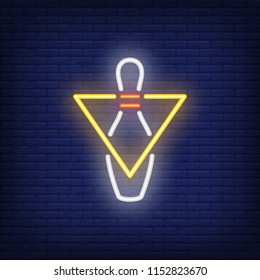 Bowling pin in triangle neon sign. White bowling pin on dark blue brick wall. Night bright advertisement. Vector illustration in neon style for sport and competition