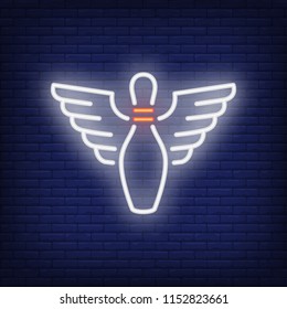 Bowling pin with wings neon sign. White bowling target on dark blue brick wall. Night bright advertisement. Vector illustration in neon style for sport and leisure activity