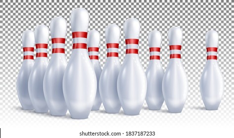 Bowling pins arranged for play and tournament side view. Isolated on transparent background. 3d realistic vector illustration.