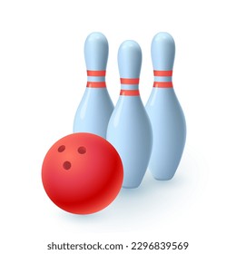 Bowling pins and ball 3d vector illustration. Sport equipment for playing with friends in cartoon style isolated on white background. Sport, hobby, entertainment concept