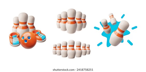 Bowling pins and ball 3d vector illustrations set. Sport equipment for playing Bowling game isolated on white. Bowling ball strike hit falling pin skittles. Realistic Bowl game sport entertainment