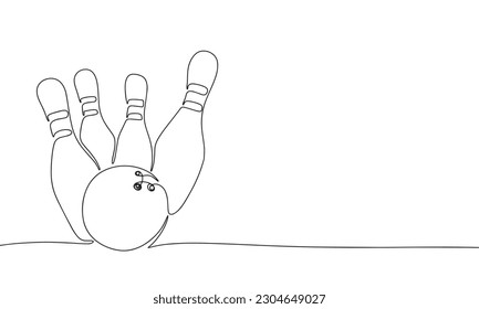 Bowling pins and ball continuous line drawing element isolated on white background for decorative element. Vector illustration of bowling sport in trendy outline style.