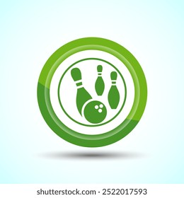 Bowling Pins And Ball Icon Design Illustration, Bowling Game Icon For Apps and Websites, Green Color Button Design