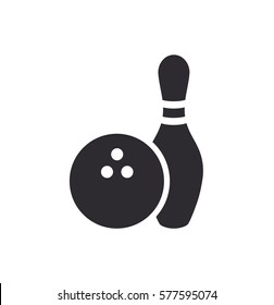 Bowling pins with ball icon. Bowling game. Bowling ball and pin icon. Simple icon skittles with ball. Logo template. Bowling club, tournaments. Sport icon.