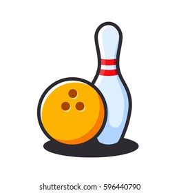 Bowling pins with ball icon. Bowling game. Bowling ball and pin icon. Simple icon skittles with ball. Logo template. Bowling club, tournaments. Sport icon. Transparent background.
