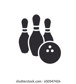 Bowling pins with ball icon. Bowling game. Bowling ball and pin icon. Simple icon skittles with ball. Logo template. Bowling club, tournaments. Sport icon. Transparent background.
