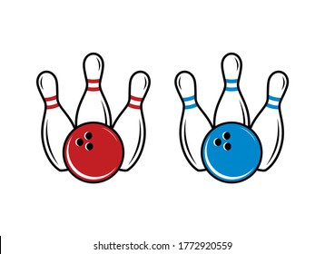 Bowling pins and ball icon set vector. Three bowling pins with a ball icon isolated on a white background. Bowling skittles vector. Blue and red bowling ball vector