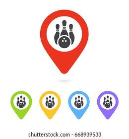 Bowling pins with ball icon. Sport symbol. Ui icon. Pin. Location icon. Sport club. Location. Pointer. Marker icon. Map pointer. Gps navigation. Road map. Position indicator. Isolated pin shape.