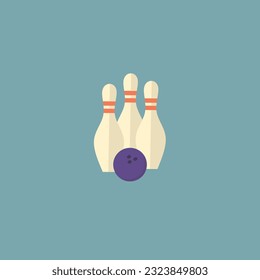 Bowling pins and ball icon vector. Three bowling pins with a ball icon isolated on a blue background. Vector illustration. 