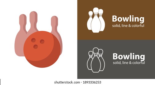 Bowling pins with ball isolated vector flat icon with sport solid, line icons