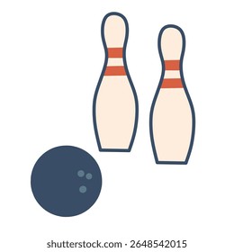 Alfinetes de boliche e bola em um estilo vetor plano divertido com tons aconchegantes, ideal para projetos com temas esportivos, centros de jogos ou gráficos de atividade recreativa.