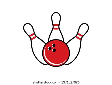 Bowling pins and bowling ball vector. Bowling icon isolated on a white background. Three white pins and red bowling ball