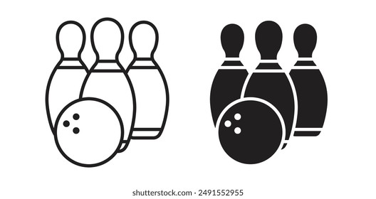 Bowling pins with ball vector icon set in black color.