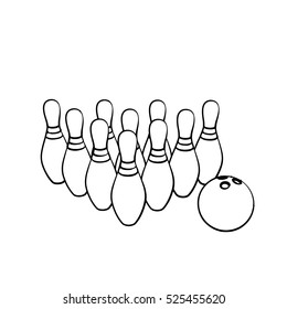 Bowling pins and bowling ball.Isolated on white background.Vector outline illustration.