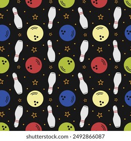 Bowling Pins and Balls on Black Seamless Pattern Design