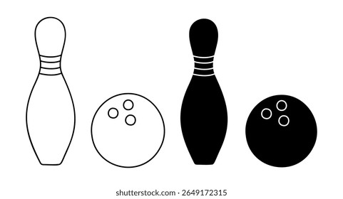 Bowling pins and balls silhouette and outline for sports design and recreation themes.