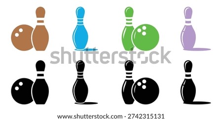 Bowling pins and balls in various colors bowling balls