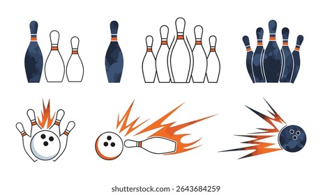 Bowling Pins and Balls Vector Design Elements Set for Sport and Recreation Activities