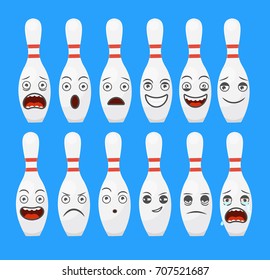Bowling pins with cartoon faces.