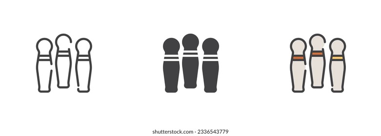 Juego de iconos de estilos diferentes para bolas. Línea, glifo y contorno relleno versión colorida, contorno y signo vectorial relleno. Símbolo, ilustración del logotipo. Gráficos vectoriales