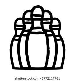 Bowling pins doodle hand drawn style, skittles tenpins sketch, sports game ink, alley equipment, strike competition target, leisure activity, playing gear element