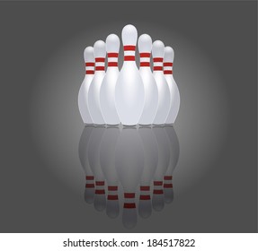 Bowling Pins at the end of a bowling alley, skittles. vector art image illustration, eps10, isolated on gray background