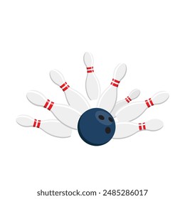 Bowling pins falling and ball, strike. Vector illustration.