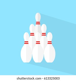 Bowling pins in flat style with shadow on blue background