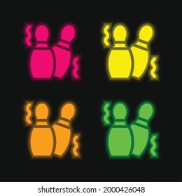 Bowling Pins four color glowing neon vector icon