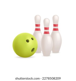 Bowling pins and green ball holes 3D illustration. Cartoon drawing of bowling objects in 3D style on white background. Bowling, sports, healthy lifestyle, leisure concept