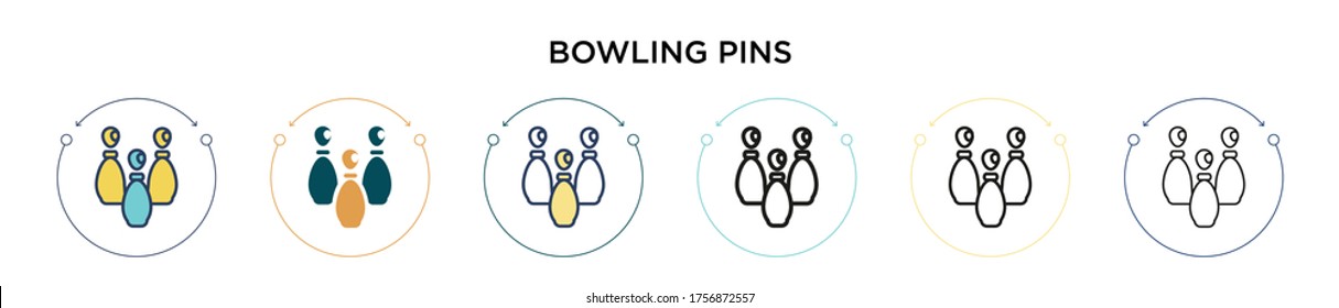 Bowling pins icon in filled, thin line, outline and stroke style. Vector illustration of two colored and black bowling pins vector icons designs can be used for mobile, ui, web