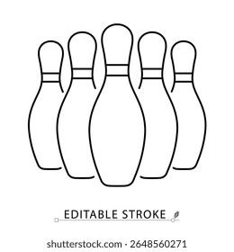 Bowling pins icon in minimalist style with editable stroke. Sport equipment set, bowling game object, strike target, recreational gear, indoor activity, outline illustration, vector line drawing.