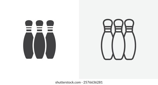 Bowling pins icon set in black flat solid and outlined style.