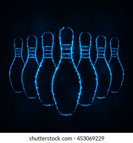 Bowling Pins Illustration Icon, Blue Color Lights Silhouette on Dark Background. Glowing Lines and Points