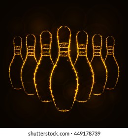 Bowling Pins Illustration Icon, Gold Color Lights Silhouette on Dark Background. Glowing Lines and Points. Bowling Pins. Bowling Pins. Bowling Pins. Bowling Pins. Bowling Pins. Bowling Pins. Bowling.