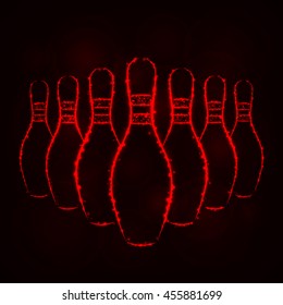 Bowling Pins Illustration Icon, Red Color Lights Silhouette on Dark Background. Glowing Lines and Points