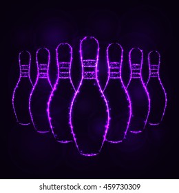 Bowling Pins Illustration Icon, Violet Color Lights Silhouette on Dark Background. Glowing Lines and Points