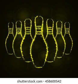 Bowling Pins Illustration Icon, Yellow Color Lights Silhouette on Dark Background. Glowing Lines and Points