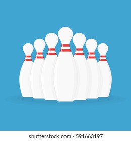 Bowling pins isolated on blue background. Vector illustration in modern flat style. Game concept. EPS 10.