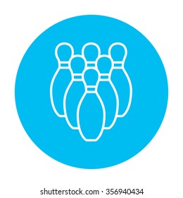 Bowling pins line icon for web, mobile and infographics. Vector white icon on the light blue circle isolated on white background.