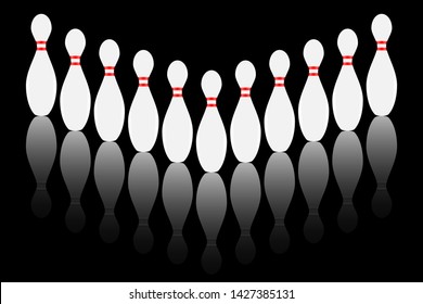 Bowling pins lined up on a reflective black background, concept of sports, healthy lifestyle and active recreation, bowling club logo