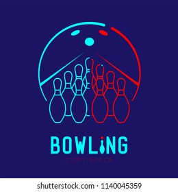 Bowling with pins logo icon outline stroke set dash line design illustration isolated on dark blue background with bowling text and copy space