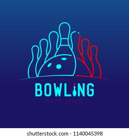 Bowling with pins logo icon outline stroke set dash line design illustration isolated on blue gradients background with bowling text and copy space